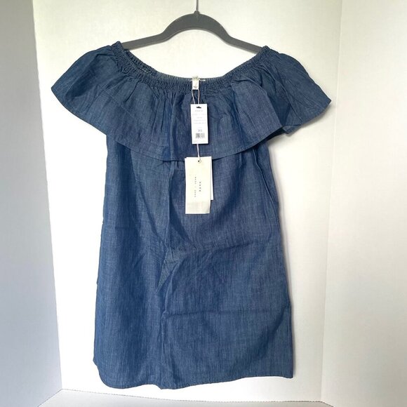 Joie Off the Shoulder Mini Dress XS Blue Chambray Cotton Lyocell Nilima Summer - Picture 2 of 9
